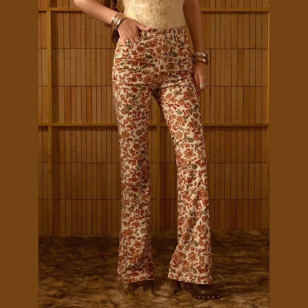 Cream Floral Print High Waist Flared Extra Long Trousers